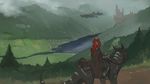  aircraft airship animal_ears castle cloud facing_away facing_back fog from_behind grass grey_legwear mountain multicolored_hair original paintrfiend plant ponytail riding river scenery science_fiction soil stream tree 