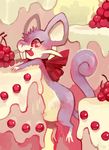  cherry creature food fruit full_body gen_1_pokemon glitchedpuppet mouse neck_ribbon no_humans pink_eyes pokemon pokemon_(creature) rattata red_ribbon ribbon signature solo tongue tongue_out 