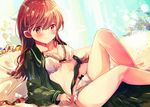  blush bra breasts brown_eyes brown_hair cleavage collarbone commentary_request eyebrows_visible_through_hair green_neckwear kantai_collection large_breasts long_hair looking_at_viewer lying nanahamu navel neckerchief_removed on_back on_bed ooi_(kantai_collection) open_clothes open_shirt panties pillow skirt skirt_removed smile solo stomach thighs underwear 
