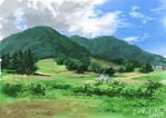  cloud cloudy_sky commentary_request dated grass highres hirota_(masasiv3) mountain no_humans original outdoors scenery signature sky tree 