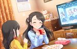  artist_request bangs black_hair closed_eyes cup curtains hair_ribbon holding idolmaster idolmaster_cinderella_girls idolmaster_cinderella_girls_starlight_stage indoors jewelry kurihara_nene long_hair long_sleeves multiple_girls necklace official_art ribbon siblings sisters smile sweater table television tissue_box 