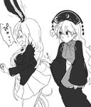  2girls akira_(salmo-tora-ke) animal_ears blush bunny_ears bunny_tail commentary_request grabbing greyscale hat highres junko_(touhou) long_hair long_sleeves looking_at_another monochrome multiple_girls open_mouth pleated_skirt reisen_udongein_inaba skirt sweat tabard tail tail_grab touhou translation_request very_long_hair white_background wide_sleeves 