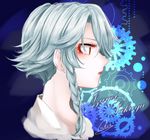  braid character_name closed_mouth expressionless face from_side gears izayoi_sakuya portrait profile red_eyes short_hair_with_long_locks side_braid signature silver_hair solo souta_(karasu_no_ouchi) touhou twin_braids 