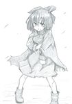  bangs boots bow breasts cape full_body graphite_(medium) greyscale hair_between_eyes hair_bow highres holding_arm injury long_sleeves mahiro_(akino-suisen) medium_breasts monochrome pigeon-toed sekibanki shirt short_hair skirt skirt_set sleeve_cuffs solo standing torn_clothes touhou traditional_media 
