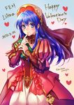  blue_eyes blue_hair blush dress fire_emblem fire_emblem:_fuuin_no_tsurugi fire_emblem_heroes gloves hat jewelry lilina long_hair looking_at_viewer mintes simple_background smile solo translation_request 