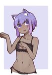  animal_ears bangs bare_arms bare_shoulders black_bra black_panties blush border bra breasts cat_cutout cat_ear_panties cat_ears cat_lingerie cleavage cleavage_cutout collarbone eyebrows_visible_through_hair fate/prototype fate/prototype:_fragments_of_blue_and_silver fate_(series) frilled_bra frills hassan_of_serenity_(fate) i.u.y kemonomimi_mode meme_attire navel open_mouth panties paw_pose purple_background purple_eyes purple_hair semi-rimless_eyewear short_hair side-tie_panties small_breasts solo stomach sweatdrop under-rim_eyewear underwear upper_body wavy_mouth white_border 