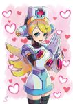  android blonde_hair blush capcom cinnamon cowboy_shot dated eyebrows_visible_through_hair green_eyes hands_together headgear heart highres long_hair looking_to_the_side nurse open_mouth own_hands_together rockman rockman_x rockman_x_command_mission signature smile solo standing sumomo thighhighs zettai_ryouiki 