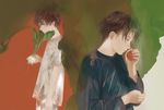  blue_shirt brown_eyes brown_hair closed_mouth commentary_request fingernails hand_up holding long_sleeves looking_at_viewer looking_to_the_side male_focus matayoshi multiple_views original profile shirt short_sleeves smelling tomato turnip white_shirt 