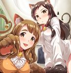  animal_ears bell blush breasts brown_eyes brown_hair cat_ears cat_tail commentary_request dan_(orange_train) eyebrows_visible_through_hair idolmaster idolmaster_million_live! idolmaster_million_live!_theater_days kemonomimi_mode kitazawa_shiho long_hair long_sleeves looking_at_viewer medium_breasts miyao_miya multiple_girls paw_pose smile tail tongue tongue_out 