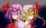  ascot bangs blonde_hair bow closed_mouth flandre_scarlet hat hat_bow long_hair looking_at_viewer mob_cap multiple_girls pointy_ears purple_hair purple_hat red_bow red_eyes remilia_scarlet short_hair side_ponytail signature souta_(karasu_no_ouchi) touhou upper_body white_hat 