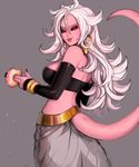  :p absurdres android_21 artist_name bare_shoulders black_nails black_sclera bracelet breasts commentary detached_sleeves doughnut dragon_ball dragon_ball_fighterz earrings fang food food_on_face from_side grey_background highres hoop_earrings jewelry large_breasts long_hair looking_at_viewer majin_android_21 matilda_vin nail_polish penetration_gesture pink_skin pointy_ears red_eyes sexually_suggestive simple_background solo strapless tail tongue tongue_out tubetop white_hair 