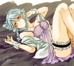  arm_up bangs braid breasts cleavage closed_mouth izayoi_sakuya looking_at_viewer lying medium_breasts on_back open_clothes open_shirt red_eyes shirt short_sleeves side_braid signature silver_hair solo souta_(karasu_no_ouchi) thigh_strap touhou twin_braids white_shirt wrist_cuffs 