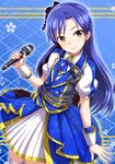  blue_hair brown_eyes dan_(orange_train) floating_hair hair_ornament head_tilt holding holding_microphone idolmaster idolmaster_(classic) kisaragi_chihaya leaning_to_the_side long_hair looking_at_viewer microphone nail_polish pink_nails pleated_skirt skirt smile solo standing thighhighs very_long_hair white_legwear white_skirt 