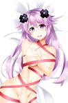  adult_neptune areolae bare_shoulders blush breasts cleavage collarbone covering covering_breasts covering_crotch cowboy_shot d-pad d-pad_hair_ornament embarrassed hair_between_eyes hair_ornament hand_on_own_chest highres leekoe2525 long_hair looking_at_viewer lying medium_breasts naked_ribbon navel neptune_(series) on_back open_mouth purple_eyes ribbon shin_jigen_game_neptune_vii solo upper_teeth very_long_hair 