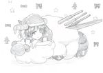  airplane_wing antinomy_of_common_flowers bangs bow christmas christmas_tree closed_mouth doreking doremy_sweet eyebrows_visible_through_hair graphite_(medium) greyscale hand_on_own_arm hat highres horns looking_at_viewer mahiro_(akino-suisen) monochrome one_eye_closed pom_pom_(clothes) ribbon santa_hat sheep short_sleeves solo star tail touhou traditional_media wings 