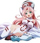  blue_eyes breasts commentary_request covered_nipples elbow_gloves facial_mark gloves hat highleg houshin_engi large_breasts leotard long_hair looking_at_viewer open_mouth ouhashi pink_hair smile so_dakki solo thighhighs very_long_hair white_legwear 