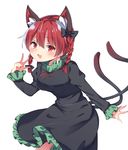  :3 amashi_(qcmrq906) animal_ears bad_id bad_pixiv_id black_bow black_dress blush bow braid breasts cat_ears cat_tail commentary_request cowboy_shot dress eyebrows_visible_through_hair fang frills hair_between_eyes hair_bow juliet_sleeves kaenbyou_rin leaning_forward long_sleeves looking_at_viewer medium_breasts multiple_tails neck_ribbon open_mouth puffy_sleeves red_eyes red_hair red_neckwear red_ribbon ribbon short_hair simple_background smile solo standing tail touhou twin_braids twintails two_tails v white_background 