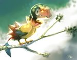  beak bird claws creature fangs full_body gen_5_pokemon glitchedpuppet leaf looking_away no_humans pokemon pokemon_(creature) signature solo standing tree_branch 