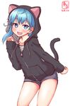  :d alternate_costume animal_hood artist_logo asymmetrical_hair black_jacket blue_eyes blue_hair casual cat_hood commentary_request cowboy_shot dated grey_shorts highres hood hooded_jacket hoodie jacket kanon_(kurogane_knights) kantai_collection leaning_forward looking_at_viewer minazuki_(kantai_collection) open_mouth school_uniform serafuku short_hair shorts simple_background smile solo white_background 