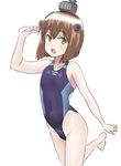  30-06 barefoot black_swimsuit brown_eyes brown_hair competition_swimsuit cowboy_shot headgear highleg highleg_swimsuit highres kantai_collection looking_at_viewer one-piece_swimsuit open_mouth salute short_hair solo swimsuit upper_teeth yukikaze_(kantai_collection) 