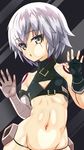  against_fourth_wall against_glass arm_belt bandaged_arm bandages black_panties blush breasts commentary_request eyebrows_visible_through_hair facial_scar fate/apocrypha fate/grand_order fate_(series) fingerless_gloves glass gloves green_eyes highres jack_the_ripper_(fate/apocrypha) looking_at_viewer navel open_mouth panties robisonjr scar scar_across_eye scar_on_cheek short_hair shoulder_tattoo silver_hair small_breasts solo tattoo underwear 