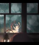  ahoge black_hair blue_eyes head_rest highres houraijin indoors kantai_collection lantern looking_out_window reflection remodel_(kantai_collection) shigure_(kantai_collection) solo water_drop window 