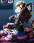  absurdres animal_hood animal_print ass bangs bodysuit brown_eyes brown_hair bubble_blowing bunny_hood bunny_print chewing_gum commentary controller d.va_(overwatch) doritos eudetenis facepaint facial_mark from_behind frown game_controller headphones highres hood hoodie long_hair looking_at_viewer looking_back overwatch pilot_suit playing_games sitting skin_tight solo swept_bangs v-shaped_eyebrows wariza whisker_markings 