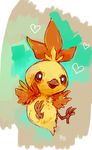  bird black_eyes commentary flying full_body gen_3_pokemon glitchedpuppet grey_background happy heart looking_away no_humans pokemon pokemon_(creature) shiny_pokemon signature smile solo torchic 