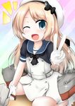  ;d blonde_hair blue_eyes blue_sailor_collar commentary_request dress gloves hat jervis_(kantai_collection) kantai_collection long_hair looking_at_viewer machinery one_eye_closed open_mouth ouno_(nounai_disintegration) sailor_collar sailor_dress short_sleeves smile solo v white_gloves white_hat 