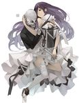  bare_shoulders braid commentary_request dated dress floating_hair garter_straps grey_background grey_legwear hair_over_one_eye highres long_hair original purple_hair rayvon red_eyes side_braid simple_background single_thighhigh skeleton thighhighs white_dress 