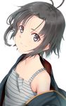  antenna_hair black_eyes black_hair closed_mouth highres idolmaster idolmaster_(classic) kikuchi_makoto light_smile short_hair solo striped_tank_top tank_top terebi_(shimizu1996) underwear white_background 