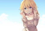  bad_id bad_pixiv_id blonde_hair blue_eyes blue_sky cloud collarbone commentary eyebrows_visible_through_hair eyes_visible_through_hair eyewear_removed fate/apocrypha fate/grand_order fate_(series) grin holding holding_eyewear jeanne_d'arc_(fate) jeanne_d'arc_(fate)_(all) long_hair looking_at_viewer nakatokung red-framed_eyewear ribbed_sweater sky smile solo sweater teeth 
