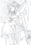 blush bow bowtie chair chestnut_mouth collar crossed_ankles curtains dress drill_hair eating eyebrows_visible_through_hair fairy fairy_wings fork frilled_dress frilled_sleeves frills from_below graphite_(medium) greyscale hair_between_eyes hat hat_ribbon holding long_sleeves looking_at_viewer luna_child mahiro_(akino-suisen) monochrome open_mouth plant plate potted_plant puffy_sleeves ribbon short_hair sitting slippers solo touhou traditional_media wide_sleeves wings 