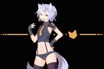  animal_ears armpit_cutout armpits bangs black_background black_gloves blue_hair breasts commentary_request deel_(rkeg) fingerless_gloves gloves green_eyes hand_on_hip hand_up highres looking_at_viewer midriff navel original panties purple_legwear short_hair skindentation small_breasts smirk solo standing suspenders tail thighhighs underwear 