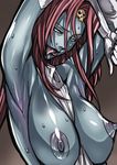  armpits arms_up bad_id bad_pixiv_id between_breasts blue_skin breasts elbow_gloves gloves hair_ornament large_breasts lips lipstick long_hair makeup mystique nipples no_pupils open_mouth red_hair skull solo sweat tongue warainaku white_eyes white_gloves x-men 