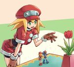  1boy 1girl bangs belt bent_over blonde_hair blush bodysuit brown_gloves buttons cap capcom flower gloves green_eyes hand_on_knee hat highres open_mouth rock_volnutt rockman rockman_dash roll_caskett short_shorts shorts sidelocks sleeves_rolled_up smile table 