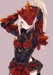  armor arms_behind_head blonde_hair closed_mouth commentary_request e_draw_paint highres long_hair looking_at_viewer monster_hunter monster_hunter:_world odogaron_(armor) ponytail red_eyes simple_background smile solo upper_body 