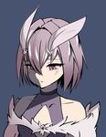  :o antennae bare_shoulders black_choker blue_background choker commentary cowfee dress fur_trim hair_between_eyes highres looking_down mayu_(kaafi) original parted_lips purple_dress purple_hair short_hair simple_background solo upper_body 