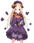 abigail_williams_(fate/grand_order) bangs black_bow black_dress black_hat blonde_hair bloomers blush bow bug butterfly closed_mouth dress eyebrows_visible_through_hair fate/grand_order fate_(series) forehead hair_bow hat insect long_hair long_sleeves looking_at_viewer object_hug orange_bow parted_bangs polka_dot polka_dot_bow purple_eyes simple_background sleeves_past_fingers sleeves_past_wrists smile solo stuffed_animal stuffed_toy teddy_bear underwear very_long_hair white_background white_bloomers yukarite 