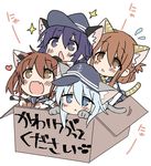  :&lt; akatsuki_(kantai_collection) anchor_symbol animal_ears black_hair blue_eyes box brown_eyes brown_hair cat_ears cat_tail commentary_request fang flying_sweatdrops folded_ponytail for_adoption hat heart hibiki_(kantai_collection) highres hizuki_yayoi ikazuchi_(kantai_collection) in_box in_container inazuma_(kantai_collection) kantai_collection kemonomimi_mode long_hair multiple_girls purple_eyes short_hair silver_hair sparkle tail translated 