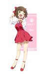  ;d bangs bare_legs blunt_bangs bow breasts brown_hair character_name choker cosplay dress eyebrows_visible_through_hair full_body gegege_no_kitarou gem green_eyes hair_bow hands_up idolmaster idolmaster_cinderella_girls legs_apart long_sleeves looking_at_viewer maekawa_miku medium_breasts nekomusume nekomusume_(cosplay) nekomusume_(gegege_no_kitarou_6) nekomusume_(gegege_no_kitarou_6)_(cosplay) no_socks one_eye_closed open_mouth paw_pose paws pinafore_dress red_bow red_choker red_footwear short_dress smile solo standing tareme two-tone_background white_dress yuuzii 