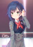  adjusting_hair arm_at_side arm_up artist_name backlighting bangs blue_hair blurry blurry_background blush closed_mouth darling_in_the_franxx double-breasted dress emblem eyebrows_visible_through_hair green_eyes grey_dress hair_ornament hairclip highlights highres ichigo_(darling_in_the_franxx) long_sleeves looking_at_viewer military military_uniform mohammad_rizky multicolored_hair short_hair smile solo uniform upper_body 