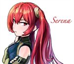  arm_belt bare_shoulders black_gloves blue_sweater character_name crossed_arms fingerless_gloves fire_emblem fire_emblem:_kakusei gloves hair_between_eyes long_hair looking_at_viewer parted_lips red_eyes reiesu_(reis) ribbed_sweater selena_(fire_emblem) simple_background solo sweater twintails upper_body white_background 