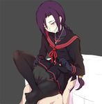  1girl bell black_legwear braid chikujouin_magane commentary_request earrings gloves hair_bell hair_ornament hetero higata_akatsuki jewelry long_hair no_shoes purple_hair re:creators sharp_teeth teeth thighhighs under_skirt very_long_hair 