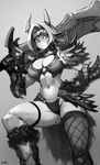 artist_name breasts commentary dark_arts_kai feet_out_of_frame gauntlets grey_background greyscale headband holding holding_sword holding_weapon horns huge_weapon large_breasts leg_up looking_to_the_side monochrome monster_hunter monster_hunter:_world navel original over_shoulder panties short_hair signature simple_background solo sword thighhighs underwear weapon weapon_over_shoulder 