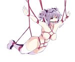  armpits arms_up artist_name ball_gag bdsm between_breasts black_ribbon blush bondage bound bound_arms bound_legs breasts crotch_rope drill_hair full_body gag hair_ribbon idolmaster idolmaster_cinderella_girls kanzaki_ranko large_breasts long_hair looking_at_viewer maullarmaullar navel nipples no_shoes nude outstretched_arms pink_eyes purple_hair ribbon shibari simple_background solo spread_arms suspension thighhighs thighs twin_drills twintails twitter_username white_background white_legwear 