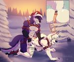  2018 abs anthro antlers anus bell biceps big_butt black_fur black_nose butt canine christmas christmas_tree digital_media_(artwork) erection folf fox fur gear hair hat holidays horn humanoid_penis hybrid looking_back male male/male mammal muscular muscular_male nude open_mouth pecs penis purple_fur purple_hair ravenouscannibal rubbing santa_hat sex shyloc smile tattoo teeth thick_thighs tree white_fur wolf 