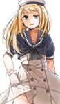  blonde_hair blue_eyes blue_sailor_collar commentary_request cowboy_shot dress dress_lift gloves hat highres jervis_(kantai_collection) kantai_collection lifted_by_self long_hair looking_at_viewer nao1 no_panties open_mouth sailor_collar sailor_dress sailor_hat short_sleeves simple_background solo white_background white_gloves white_hat 