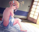  1girl ahoge artoria_pendragon_(all) ass back bangs barefoot blanket blonde_hair blush breasts clothes_removed covering day eyebrows_visible_through_hair fate/stay_night fate_(series) full_body futon green_eyes hair_bun indoors kudou_maimu medium_breasts nude nude_cover on_bed saber self_hug shiny shiny_hair short_hair shoulder_blades sideboob sidelocks sitting sliding_doors solo sunlight sweatdrop tatami tissue_box twitter_username v-shaped_eyebrows wilted_ahoge 