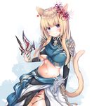  animal_ears blonde_hair breasts cat_ears cat_tail closed_mouth dutch_angle earrings facial_mark final_fantasy final_fantasy_xiv hair_ornament heterochromia jewelry kanora looking_at_viewer mask mask_removed medium_breasts midriff miqo'te navel pauldrons simple_background slit_pupils smile solo tail underboob 